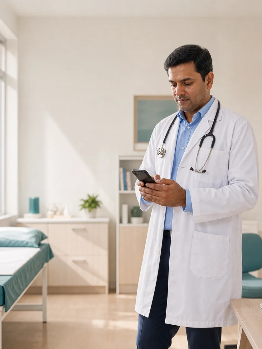 An Indian doctor reviewing a patient visit in CliniKite